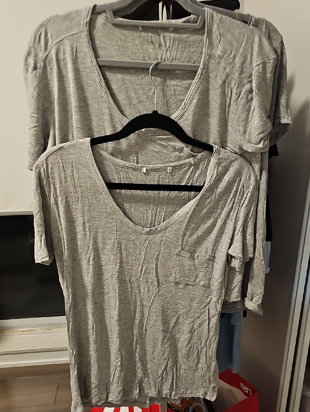 2 Set Light Gray Short Sleeve V-Neck Pocket Tee - Women